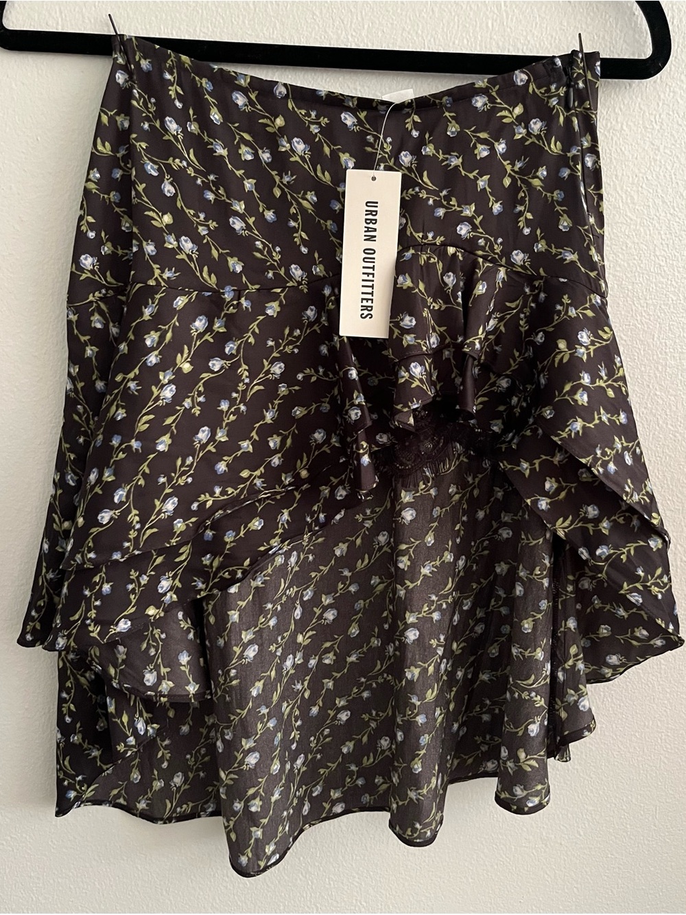 Urban Outfitters Black Floral Ruffle Skirt with Blue Blossoms